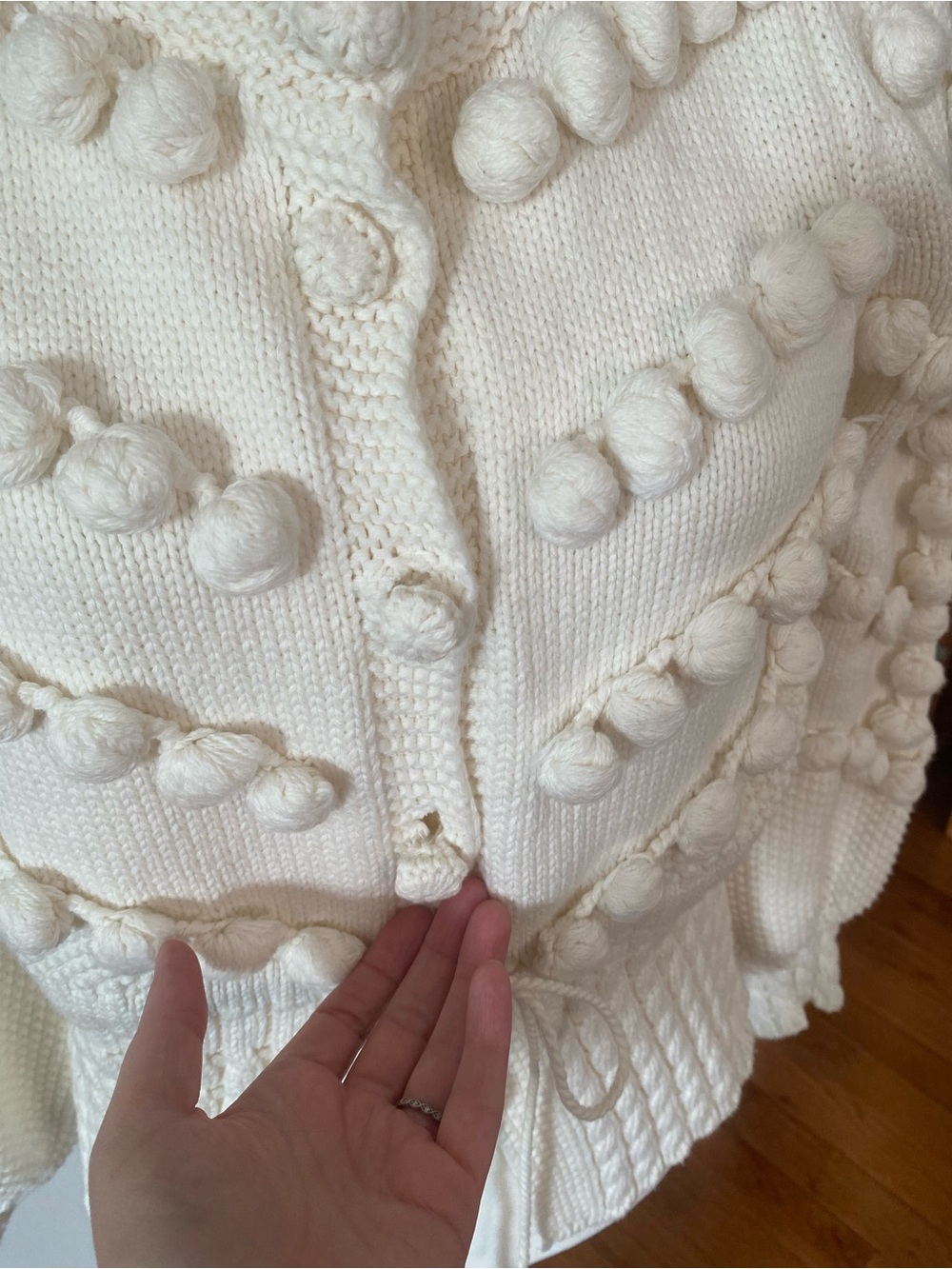 Vita Grace Ivory Bobble Knit Cardigan Balloon Sleeve Tie Waist Cotton M - Picture 6 of 16